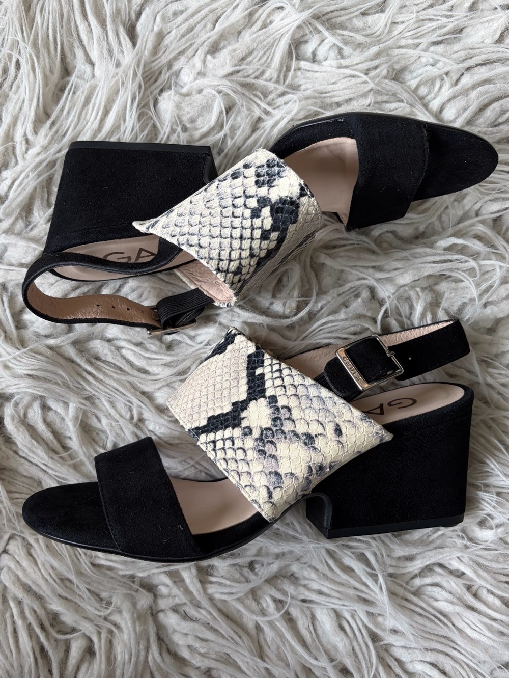 Gadea Snake Embossed Leather Buckled Ankle Strap Suede Black Heeled Sandals 36